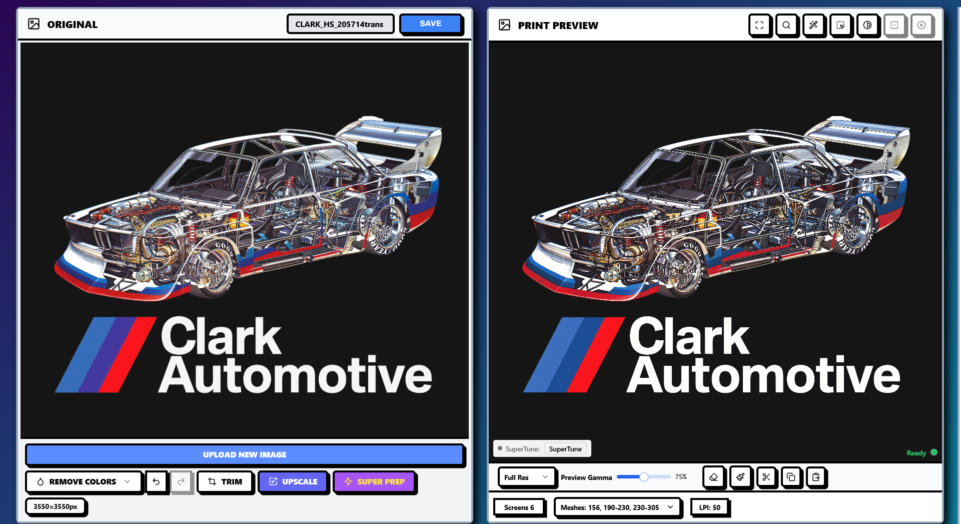 InkSplit screenshot comparing the original Clark Automotive artwork with its separated print preview.