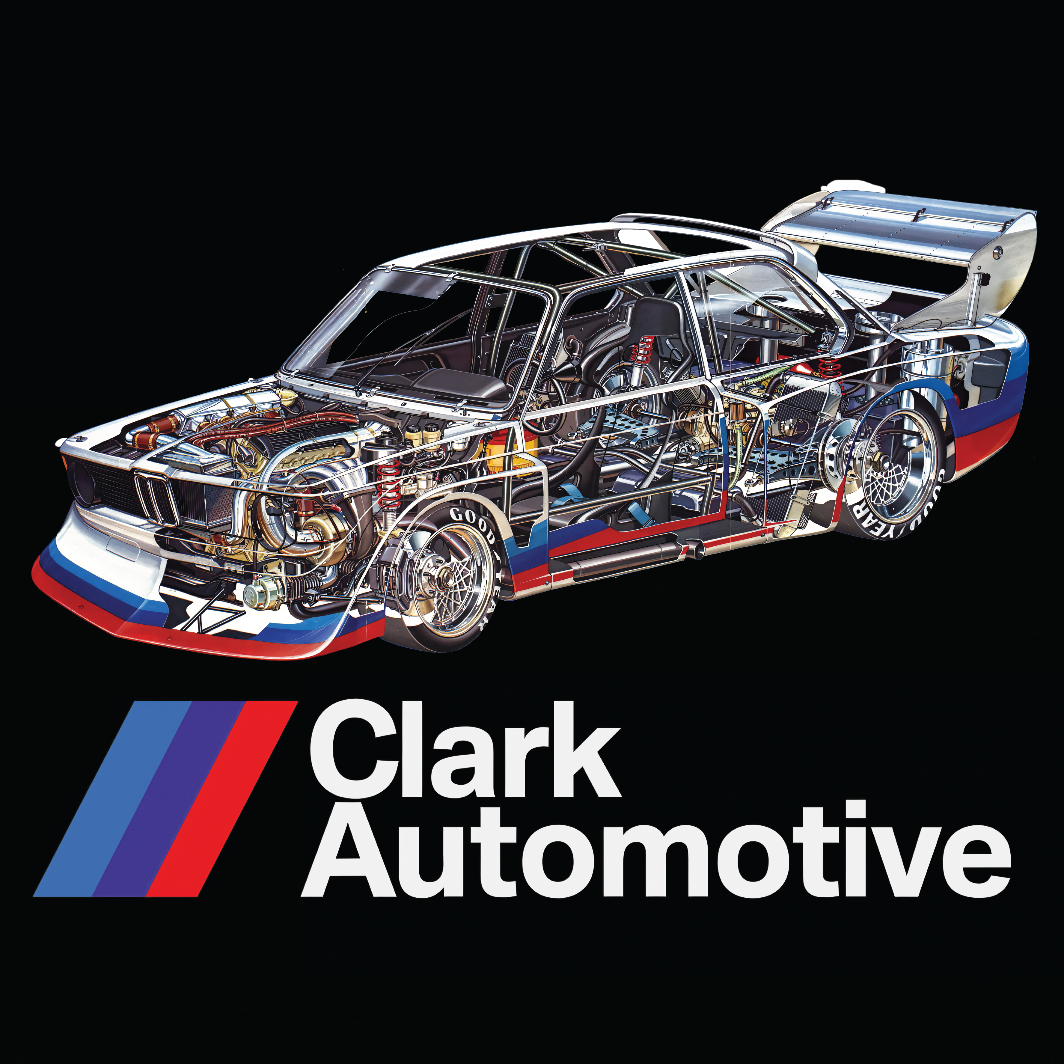 Original Clark Automotive artwork with a detailed cutaway race car, colored stripes, and white lettering on black.
