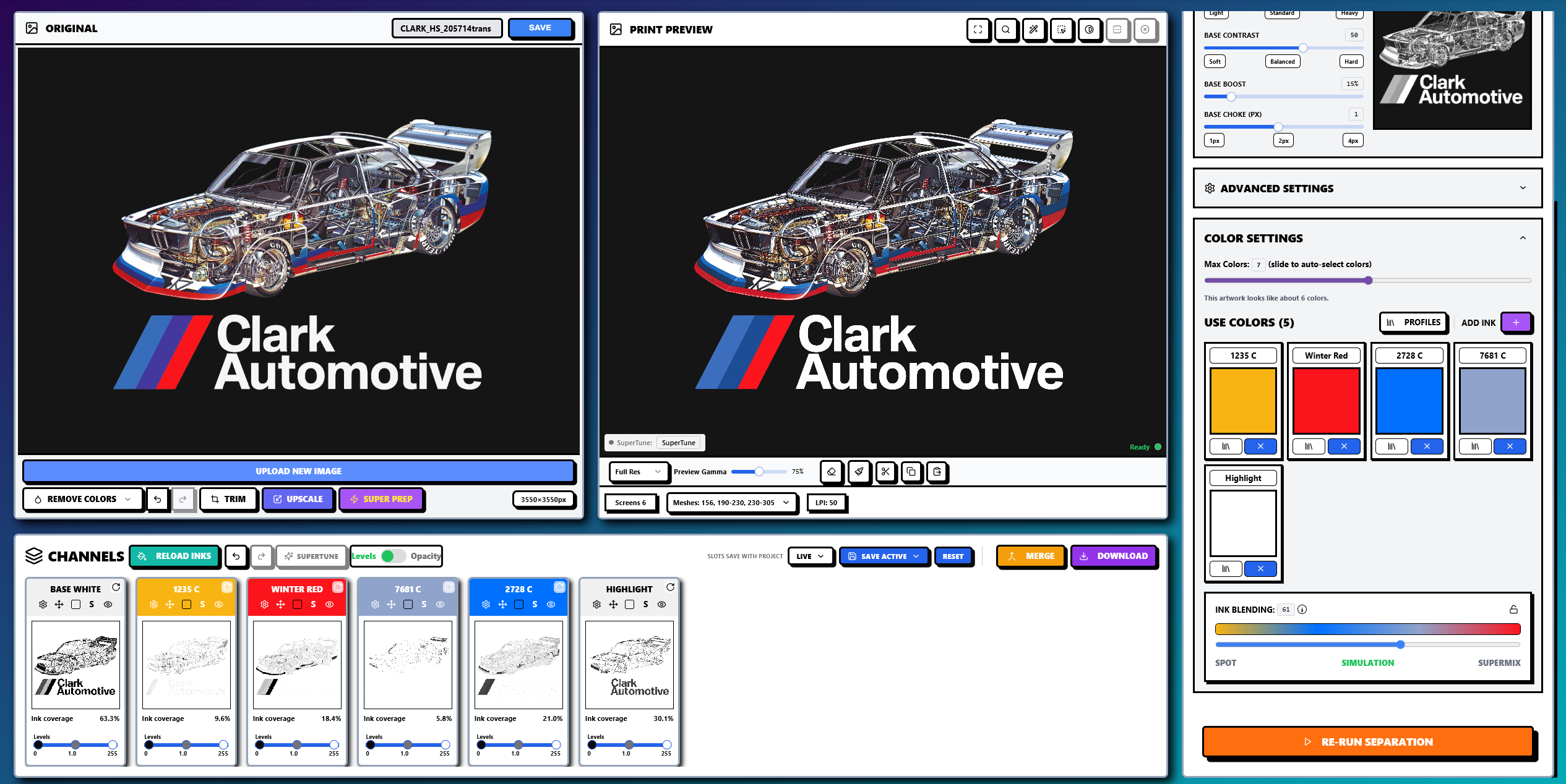Complete InkSplit workspace for Clark Automotive, showing artwork, print preview, separation settings, and the channel strip.
